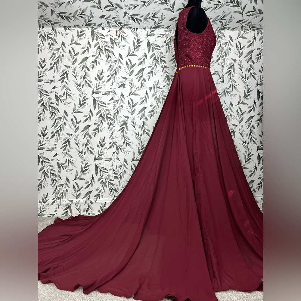 Burgundy Lace Bodice Evening Gown Flowing Chiffon Skirt Prom Cocktail Sz M NWT D - Picture 9 of 13